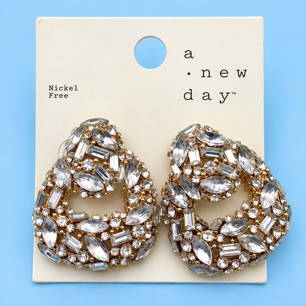 A New Day Rhinestone Crystal Cluster Statement Earrings Gold Tone 2019 -2871